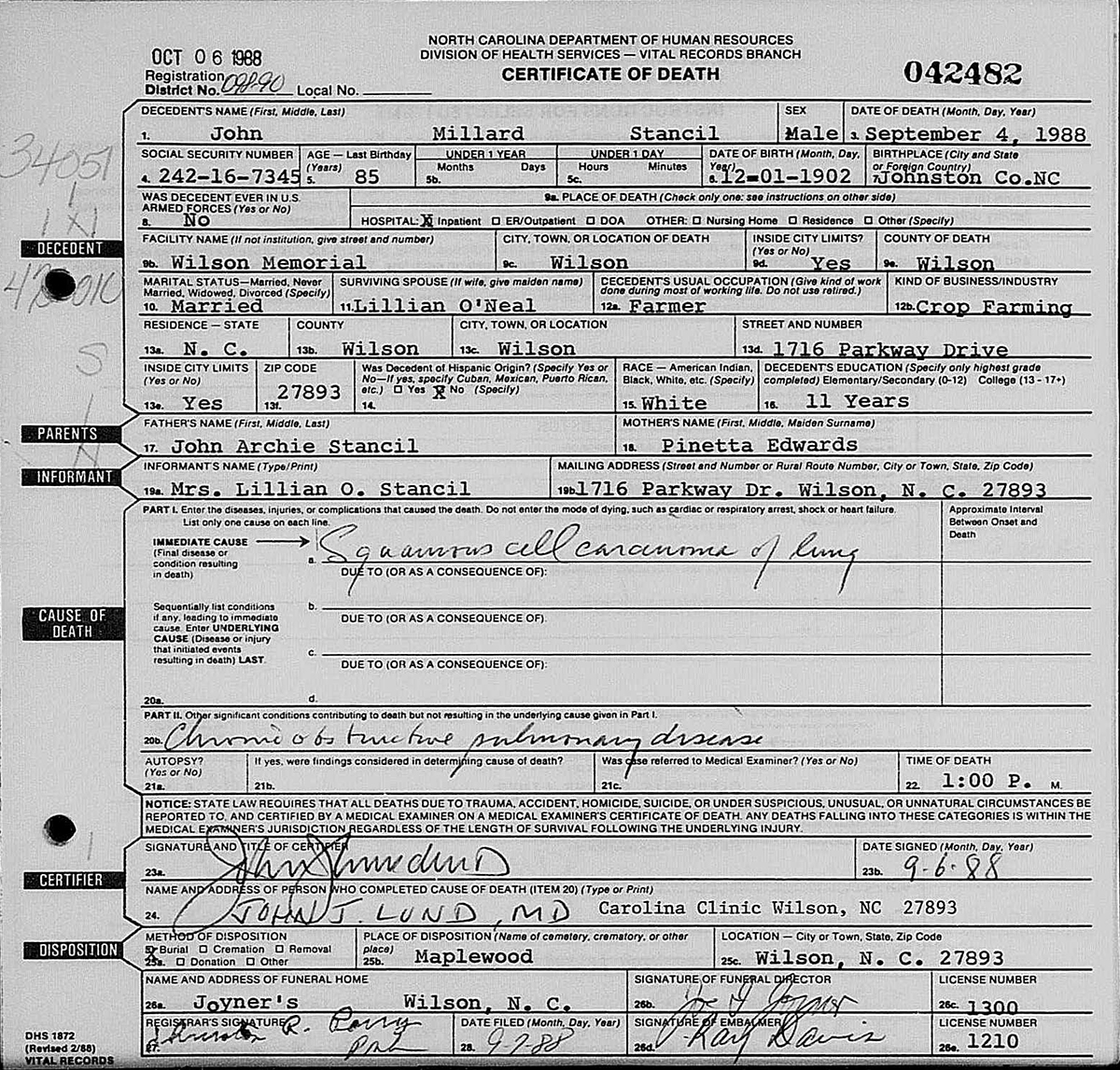 Millard Stancil's death certificate.