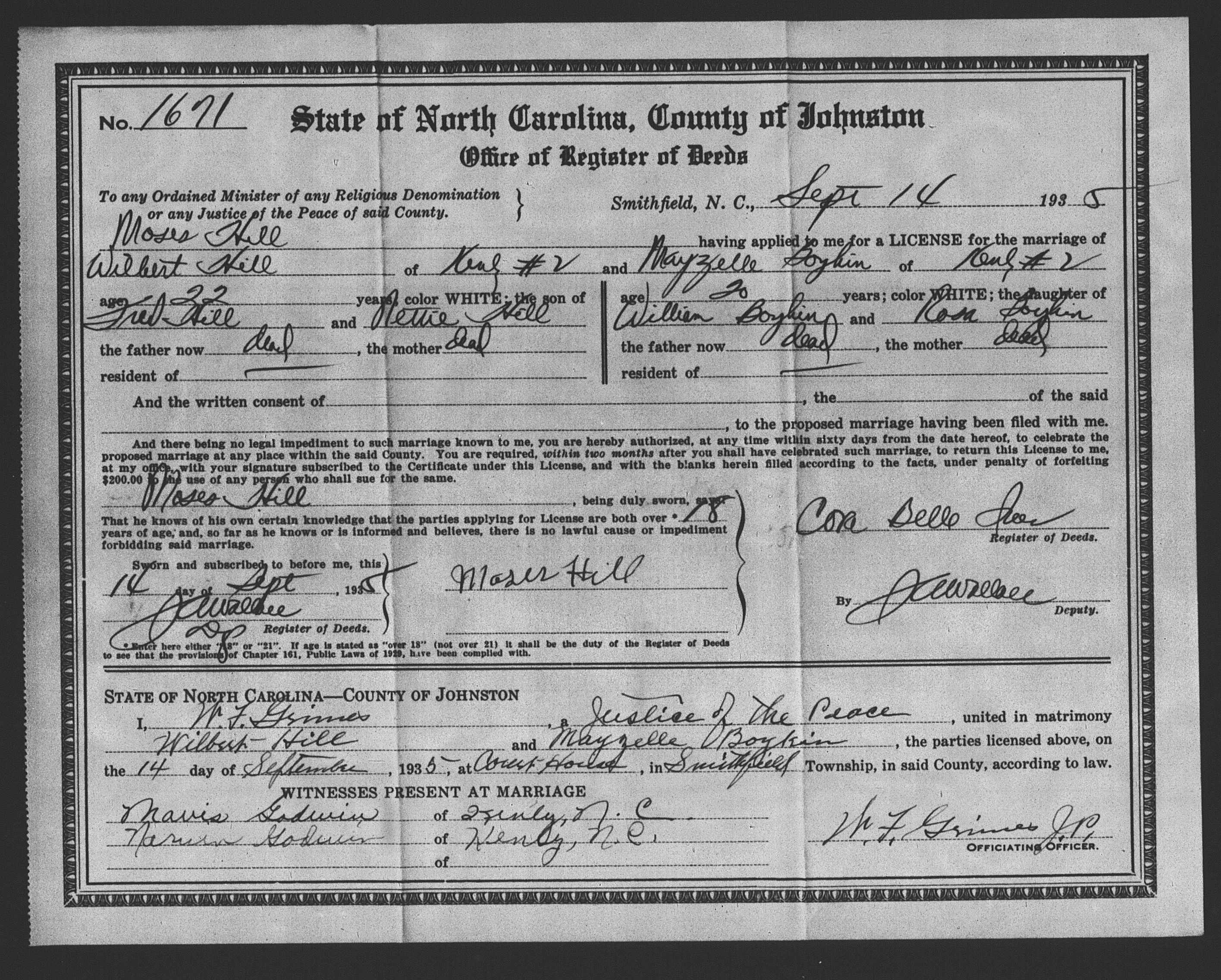 Wilbert and Mayzell Boykin Hill's marriage certificate.