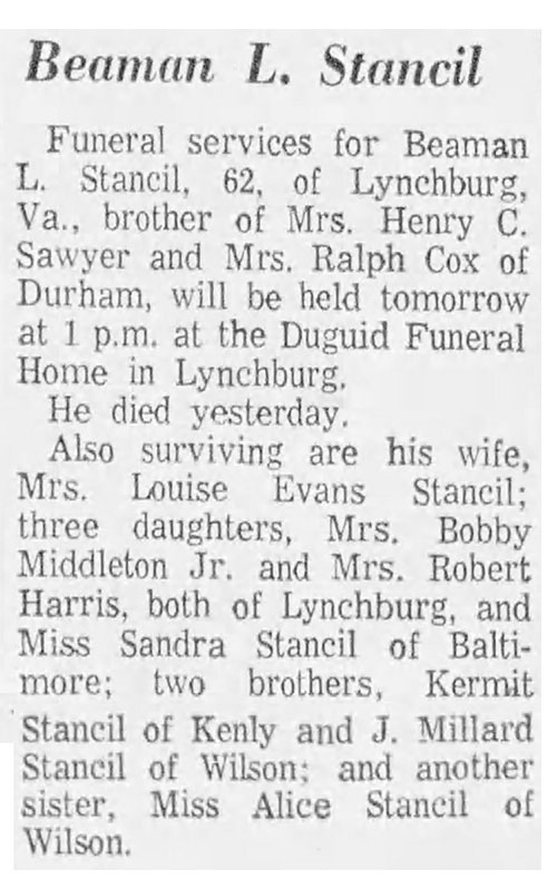 Beaman Stancil died March 27, 1969.