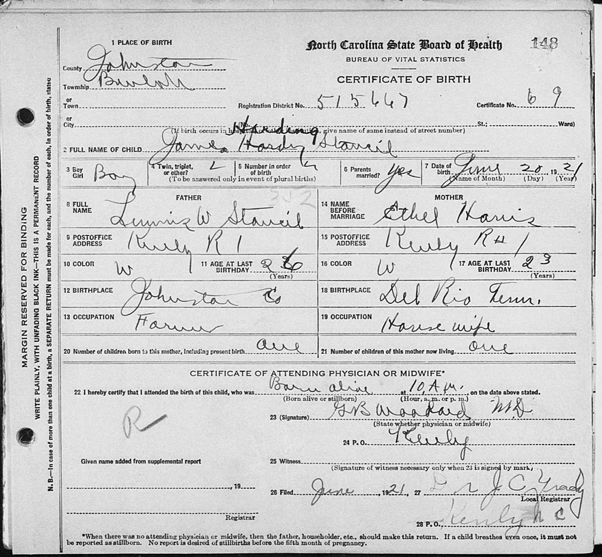 James Harding Stancil's birth certificate