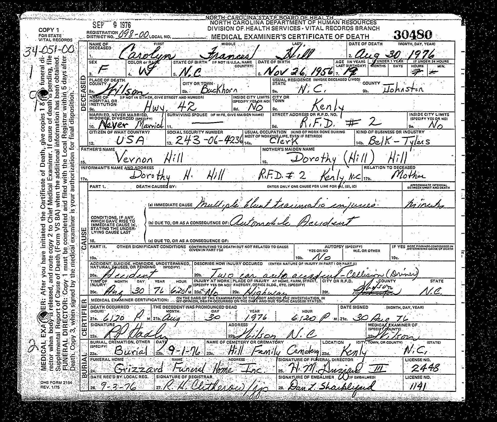 Carolyn Frances Hill's death certificate.