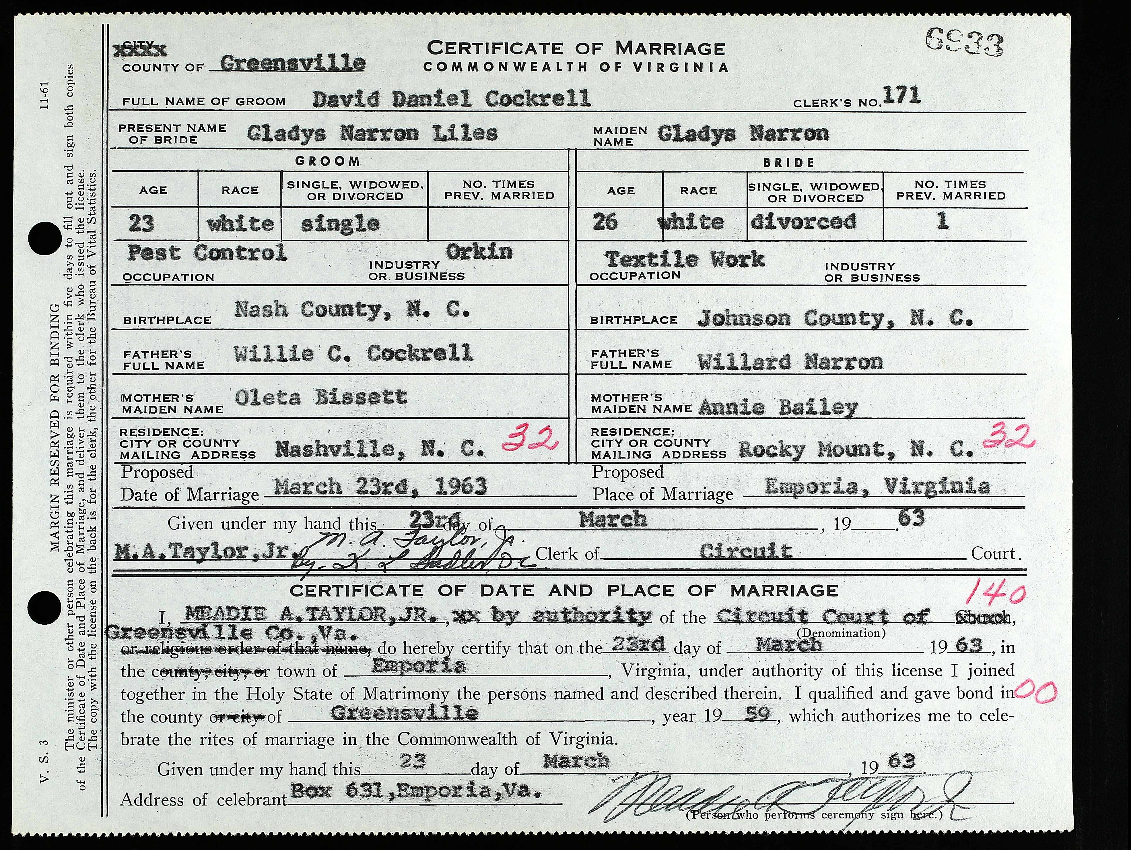 Gladys Narron marriage certificate 1963