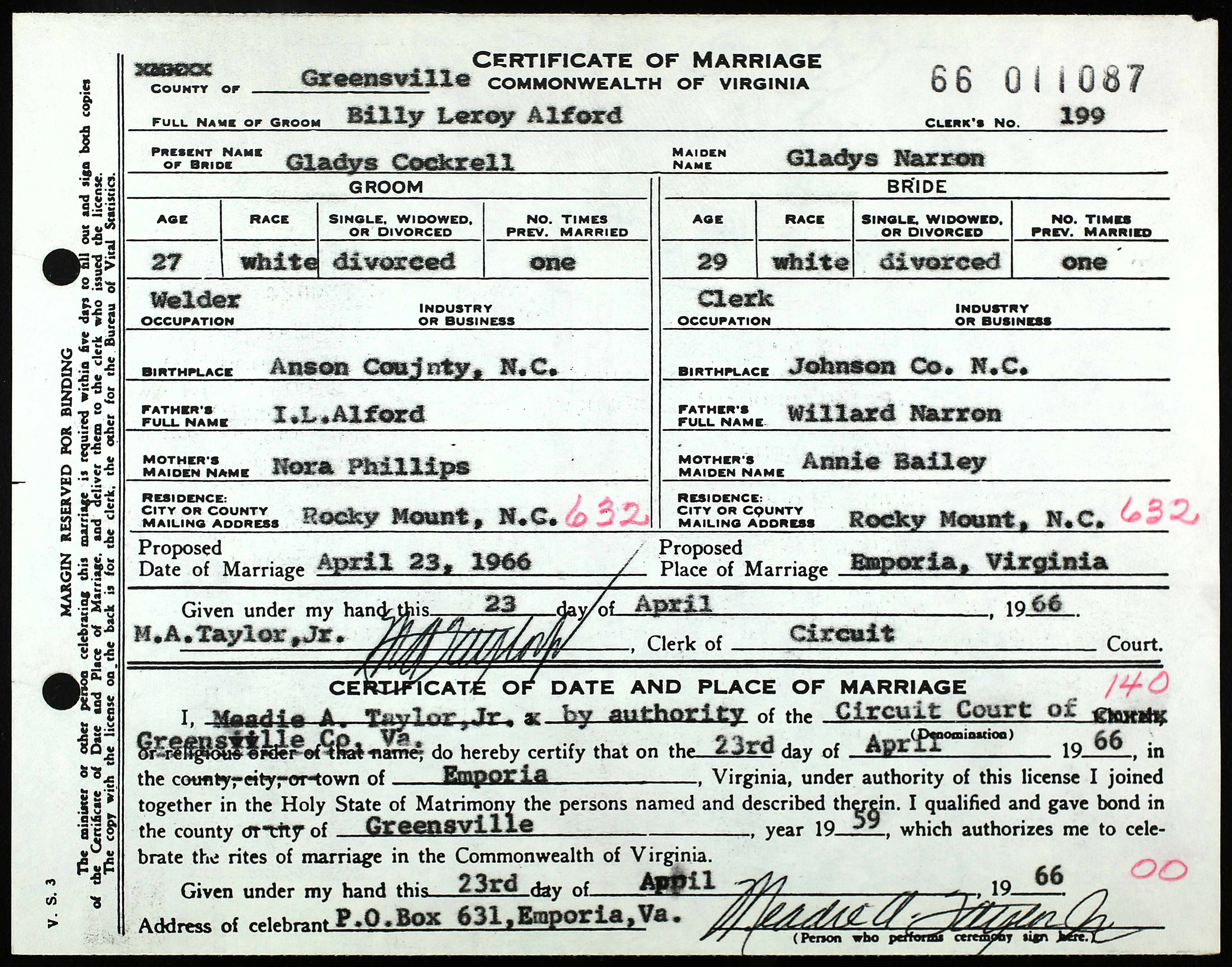 Gladys Narron marriage certificate 1966