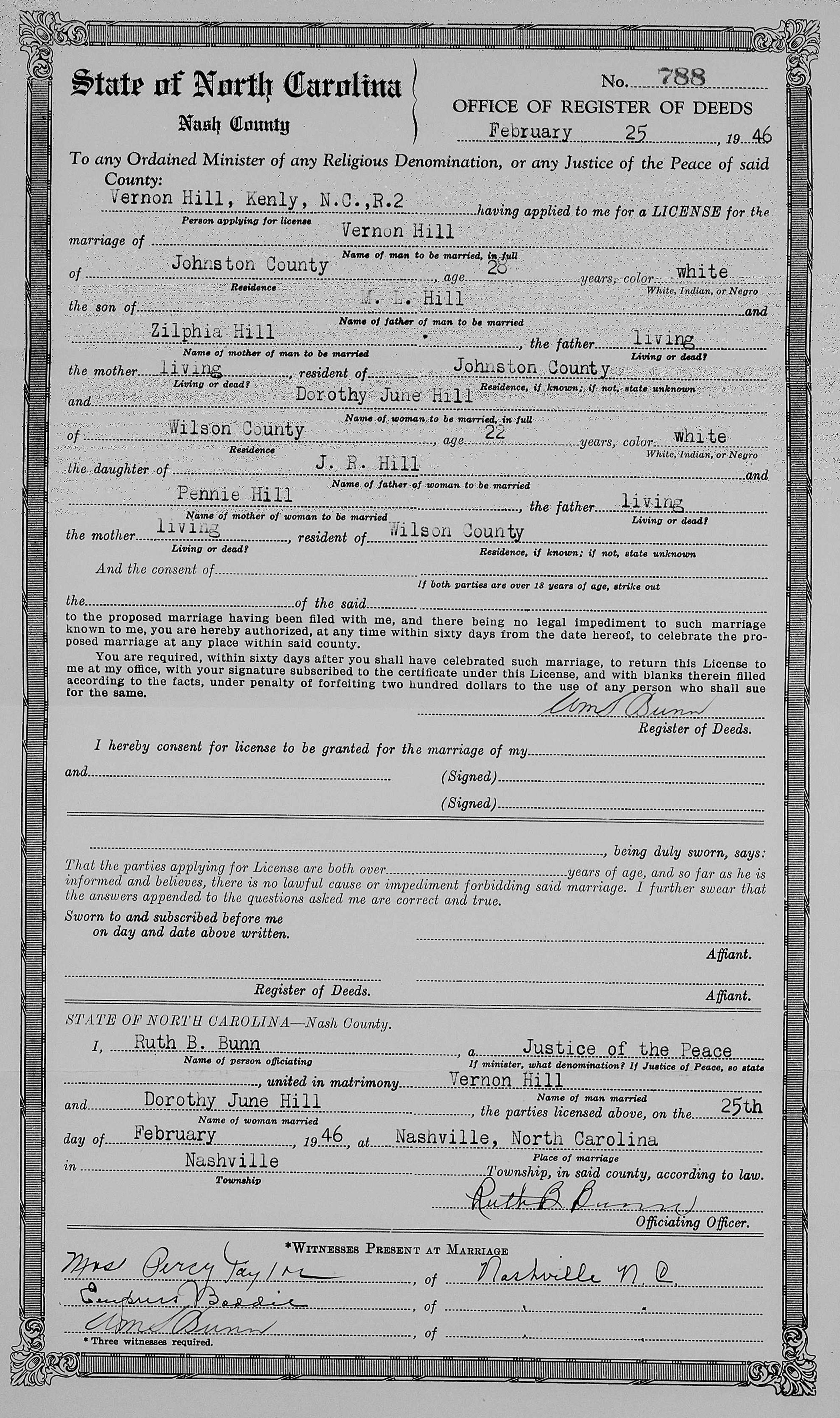 Jim and Dorothy Hill's marriage certificate