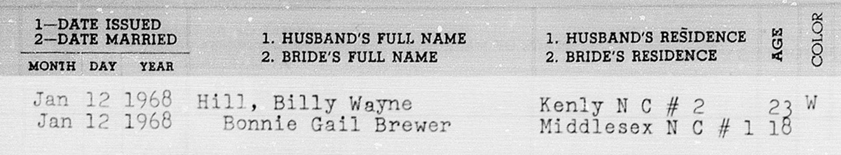 1968 Johnston County marriage registry entry for Billy Wayne Hill and Bonnie Gail Brewer (Part 1: Groom and Bride details)