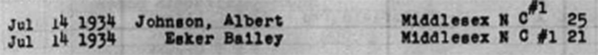 1934 Johnston County marriage registry entry for Esker Bailey and Albert Taft Johnson (Part 1: Groom and Bride details)