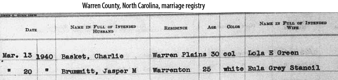 1940 Warren County marriage registry entry for Eula Grey Stancil and Jasper M. Brummitt (Part 1)