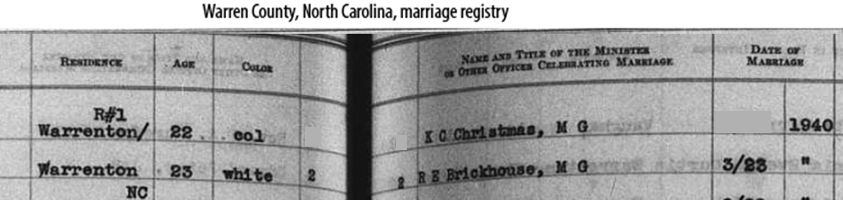 1940 Warren County marriage registry entry for Eula Grey Stancil and Jasper M. Brummitt (Part 2)