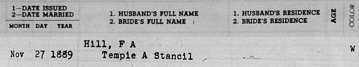 1889 Johnston County marriage registry entry for F.A. Hill and Tempie A. Stancil (Part 1: Groom and Bride details)