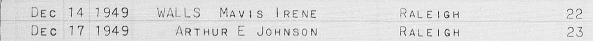 1949 Wake County marriage registry entry for Irene Walls and Arthur Johnson