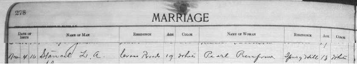 1916 Wilson County marriage registry entry for Lonnie Alfred Stancil and Pearl Renfrow (Part 1: Groom and Bride details)