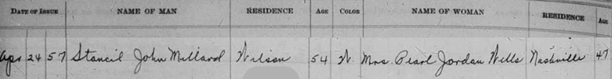 1956 Wilson County marriage registry entry for Millard Stancil and Pearl Wells (Part 1: Groom and Bride details)