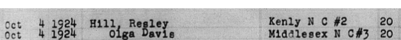 1924 Johnston County marriage registry entry for Resley Hill and Olga Davis (Part 1: Groom and Bride details)