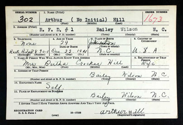 Draft registration form filled out by Arthur Hill when he was 29 and living in Rock Ridge in 1941.