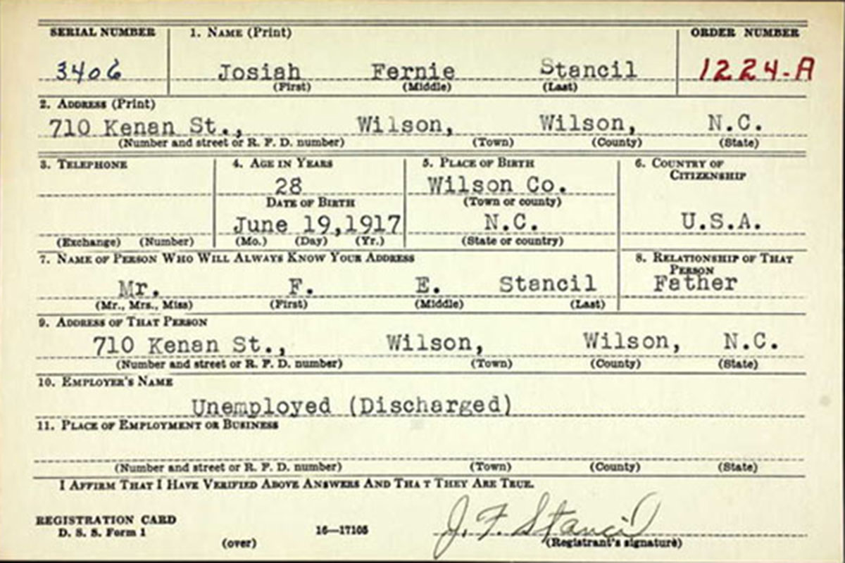 Fernie Stancil's draft registration card.