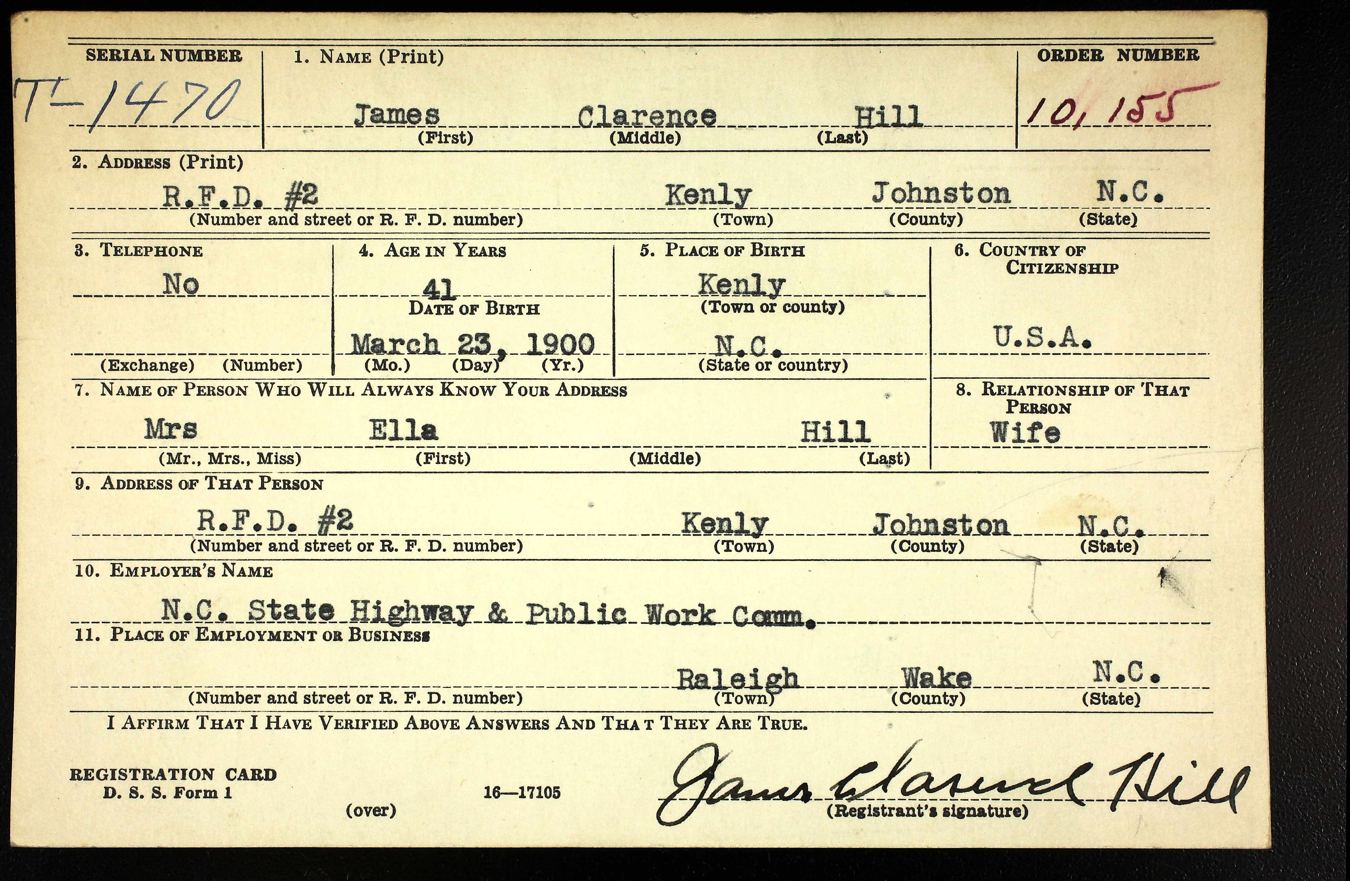 Clarence Hill's draft registration card.