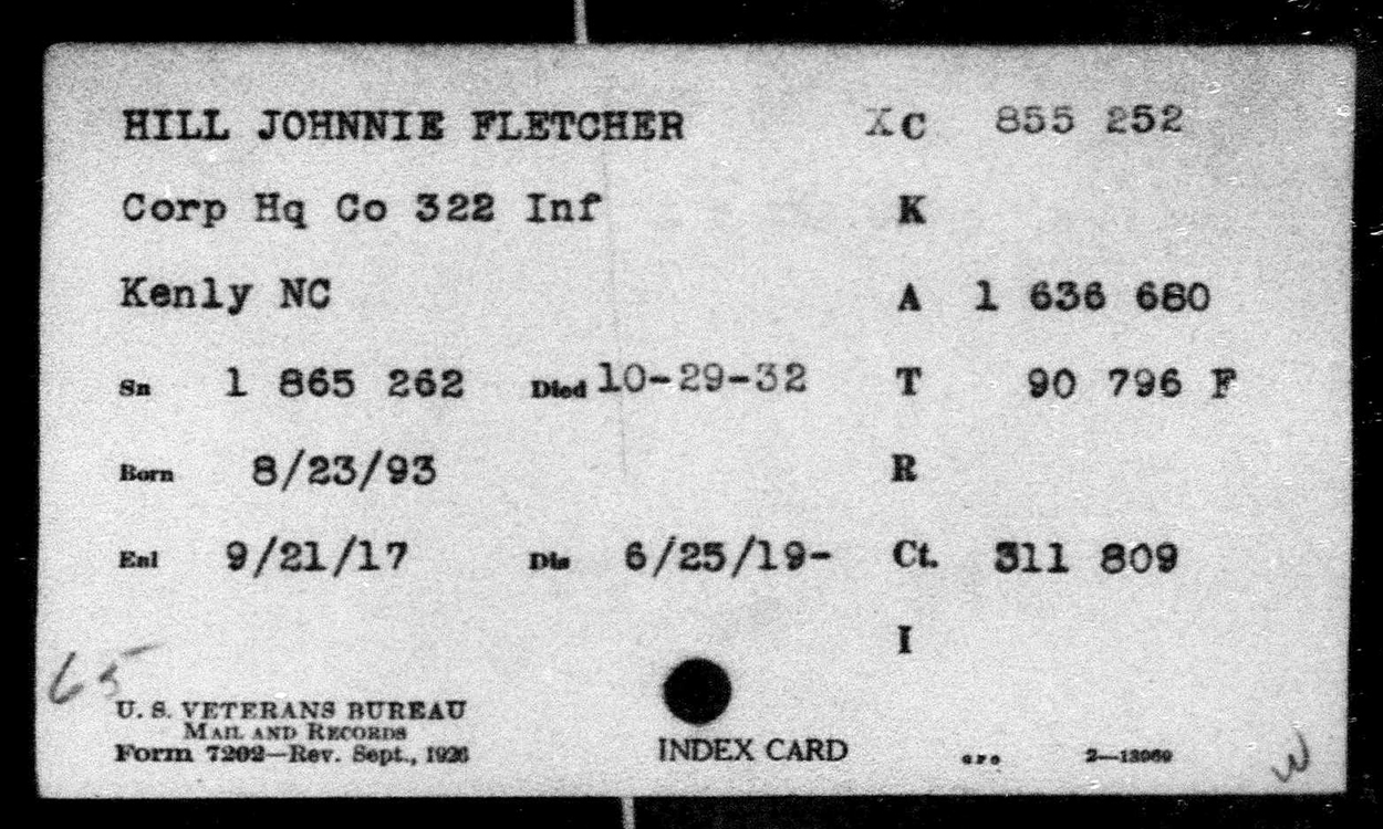 WWI service card for Johnnie Fletcher Hill, Company H, 322nd Infantry
