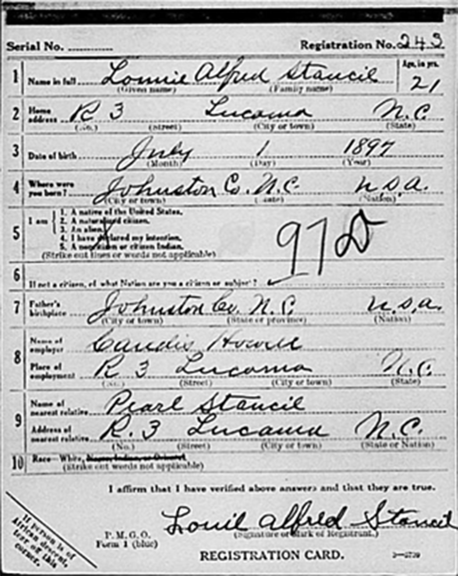Lonnie Alfred Stancil's Draft Registration Card.