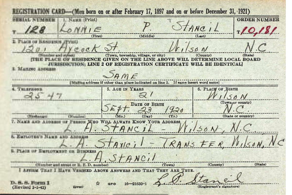Lonnie Pearl Stancil's Draft Registration Card.