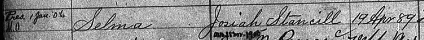 Ledger entry for Josiah Stancill, Postmaster of Selma, NC