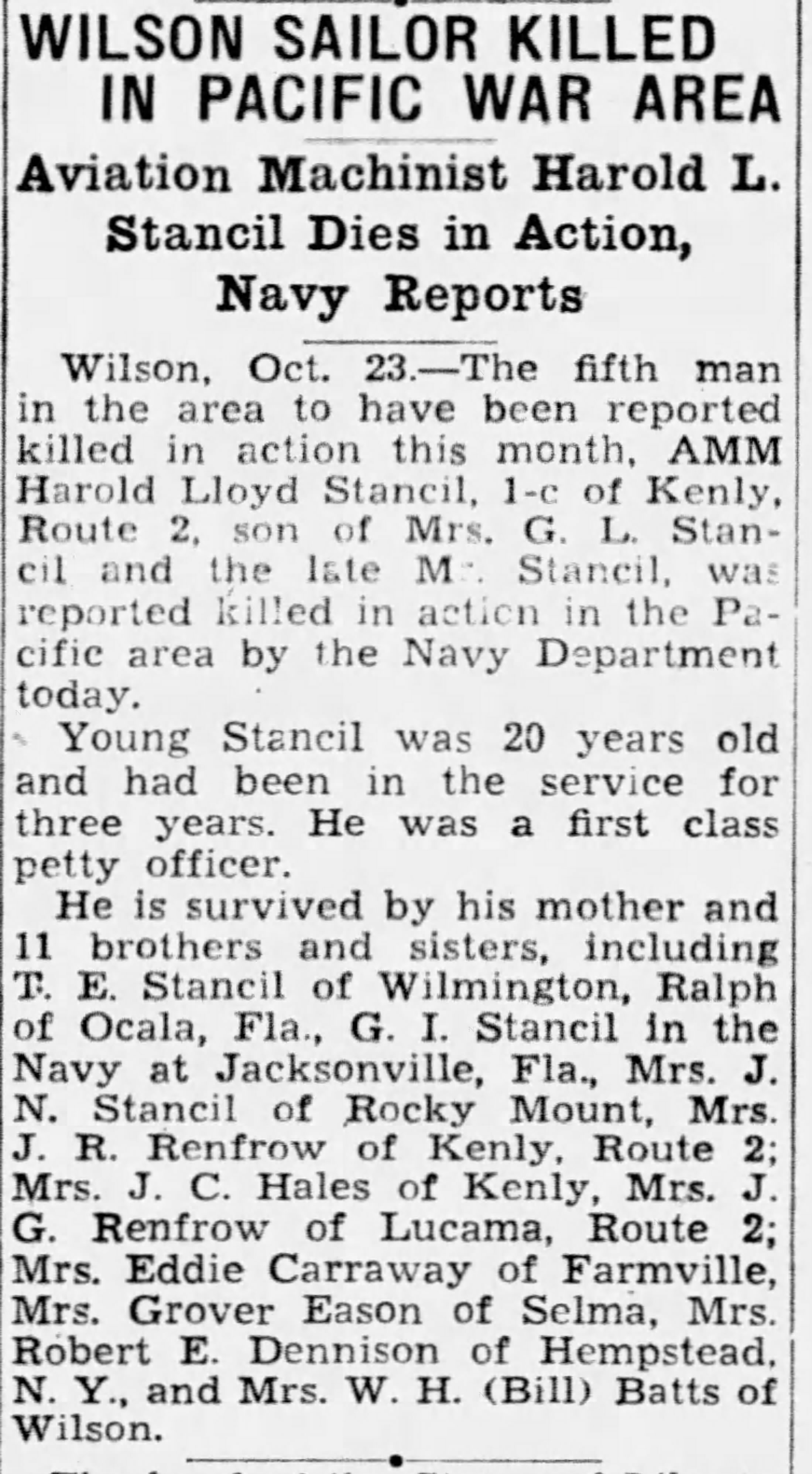 Harold Lloyd Stancil's death notice in The News & Observer, Oct. 23, 1944