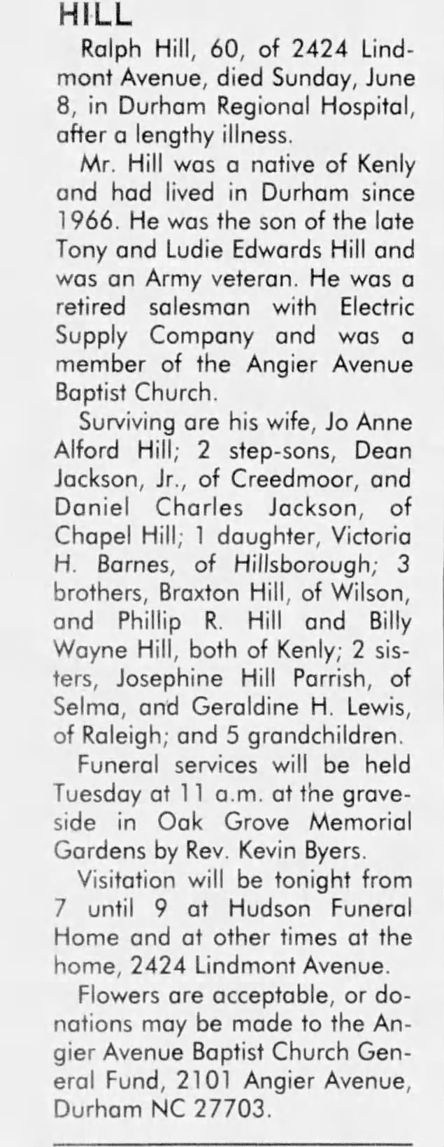 Obituary for Ralph Hill.
